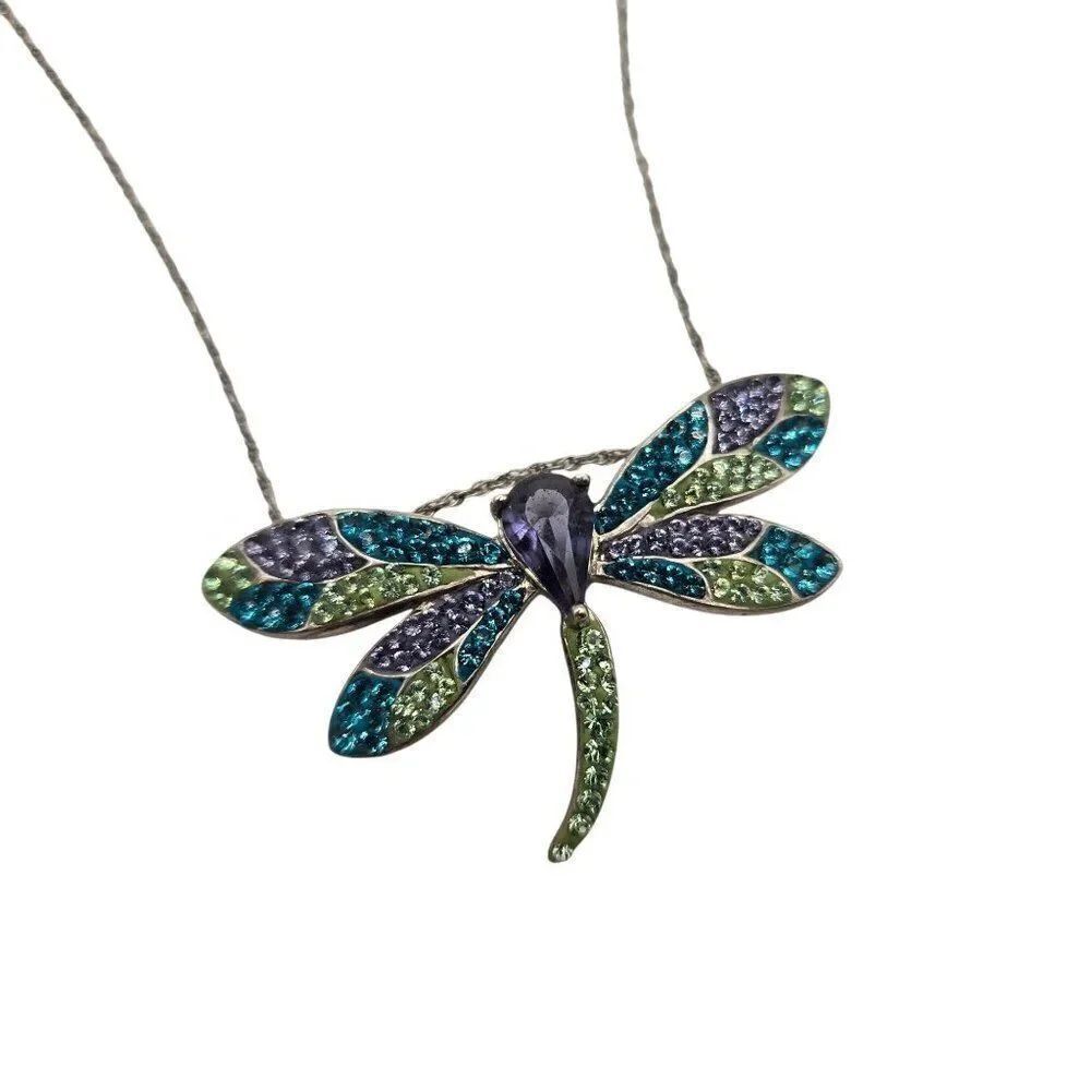 Sterling Silver 925 Dragonfly Pendant Necklace Chain Topaz Peridot Amethyst Genu